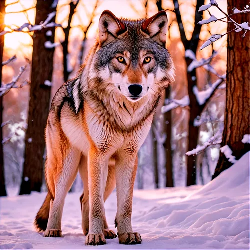 Wolf, facing forward, majestic posture, sharp eyes, fluffy fur, pointed ears, snow-white chest, strong legs, claws visible, winter scenery inspiration, cinematic lighting, shallow depth of field, warm