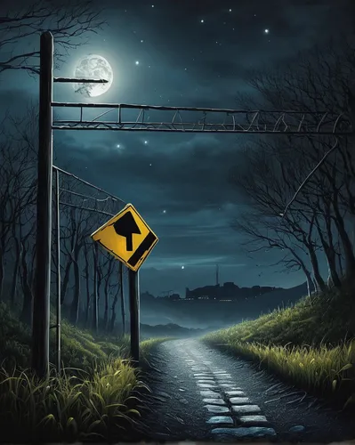 dead end,road to nowhere,road forgotten,crossroad,crossroads,night highway,the road,night scene,railroad crossing,crooked road sign,roadsigns,straight ahead,long road,empty road,hollow way,road of the impossible,railway crossing,road,roads,winding road,Illustration,Abstract Fantasy,Abstract Fantasy 03