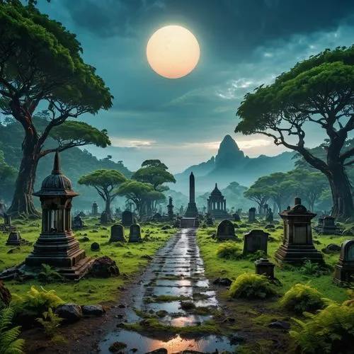 cartoon video game background,fantasy picture,fantasy landscape,the mystical path,background with stones,necropolis,Photography,General,Realistic