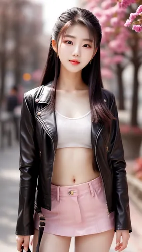 A beautiful 19 years old Korean girl  G cup  wearing black leather jacket standing on the big city,3d background,spring background,japanese sakura background,xiuqiong,sakura background,portrait backgr