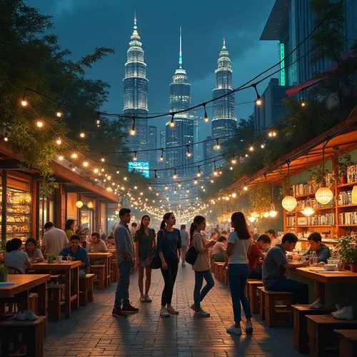 Community center, skyscraper background, watching towers, modern architecture, cityscape, urban atmosphere, bustling streets, vibrant colors, neon lights, nighttime, people socializing, laughing, chat