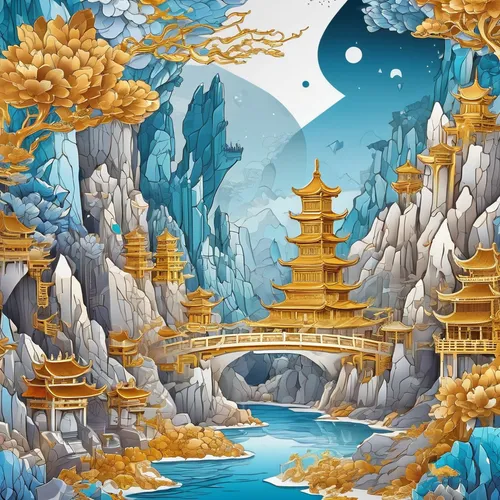 fantasy landscape,chinese temple,forbidden palace,chinese background,world digital painting,ancient city,tigers nest,landscape background,white temple,asian architecture,chinese architecture,mountain settlement,cartoon video game background,hall of supreme harmony,chinese art,oriental,background with stones,mountainous landscape,fractal environment,china,Unique,Design,Sticker