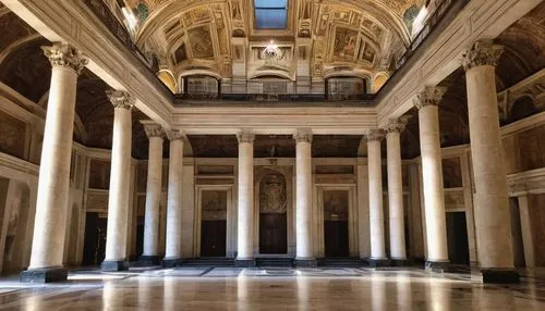 Italian fascist architecture, grandiose, monumental, marble columns, ornate sculptures, symmetrical facade, arches, imposing entrance, sweeping staircase, lavish chandeliers, frescoed ceilings, traver