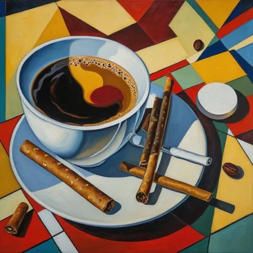 Coffee and cigarettes, an oil painting by Kandinsky,cuban espresso,espresso,caffè americano,woman drinking coffee,caffè macchiato,french coffee,espressino,café,café au lait,a cup of coffee,java coffee