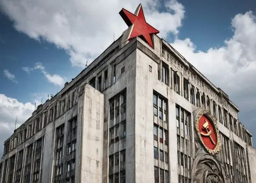 Soviet Bloc architecture, brutalist style, concrete building, grand scale, symmetrical composition, ornate details, hammer and sickle motifs, red star emblem, Moscow cityscape, cloudy sky, dramatic li