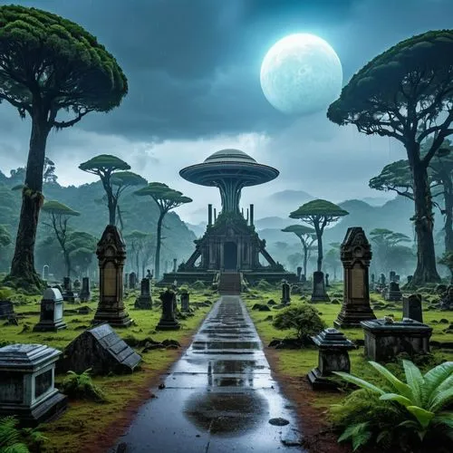 alien world,fantasy picture,mushroom landscape,necropolis,alien planet,cartoon video game background,Photography,General,Realistic