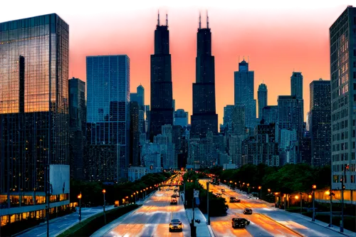 Downtown Chicago, cityscape, skyscrapers, Willis Tower, John Hancock Center, modern architecture, glass windows, steel frames, urban landscape, busy streets, traffic lights, evening sunset, golden hou