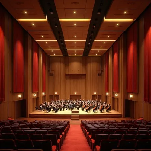 Luxurious concert hall, rich wood paneling, sound-absorbing materials, plush velvet curtains, tiered seating, grand piano, orchestral stage, dramatic lighting design, warm golden ambiance, subtle echo