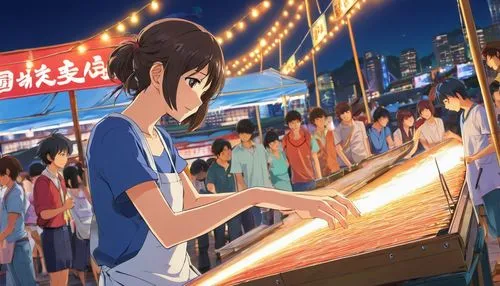 amusement park,euphonium,street food,fire eaters,tokyo summer olympics,festival,street fair,amusement ride,sparks,stinky tofu,yatai,world end,anime 3d,sate,typesetting,music festival,hot dog stand,yakitori,fireworks rockets,explosions,Illustration,Japanese style,Japanese Style 03