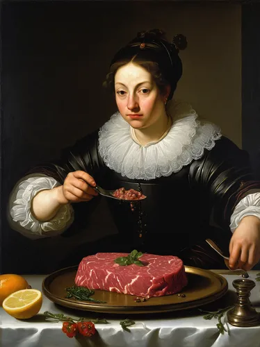 Write a suspenseful story centered around a stolen tartare steak.,woman holding pie,woman eating apple,girl with bread-and-butter,girl in the kitchen,girl with cereal bowl,tapenade,woman with ice-crea