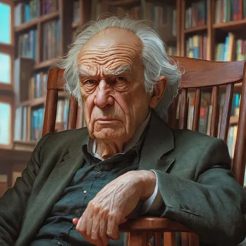 An angry old man in a rocking chair library.,lev lagorio,elderly man,digital painting,jrr tolkien,moody portrait,world digital painting,sci fiction illustration,artist portrait,ernő rubik,sculptor ed 