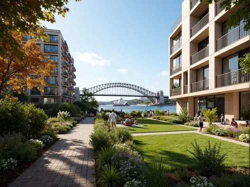 Vibrant Sydney Harbour, iconic Opera House backdrop, lush greenery, native Australian flora, walking paths, public art installations, social housing buildings, modern architecture, balconies with harb