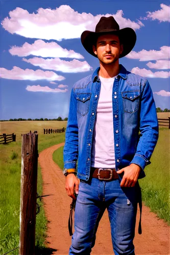 Texas-themed picture, cowboy hat, denim jacket, rugged facial features, stubble, blue eyes, golden buckle, faded jeans, leather boots, lasso rope, wooden fence background, vast open plain, sunny day, 