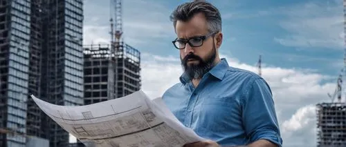 middle-aged man, architecture engineer, casual wear, blue shirt, black pants, glasses, short hair, beard, holding blueprint, standing, construction site, cityscape, skyscraper, modern buildings, sunny