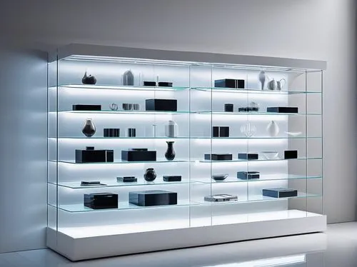 Modern product showcase, sleek architecture, white background, minimalist aesthetic, clean lines, glass shelves, metal frames, LED lights, reflective surface, futuristic ambiance, high-tech atmosphere