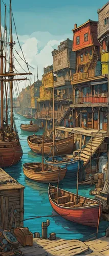 harbor,fishing village,seaport,constantinople,istanbul,harbour,boats in the port,wooden boats,docks,fishing boats,caravel,boat harbor,ship yard,honfleur,istanbul city,boats,harbour city,stone town,port,boat yard,Illustration,Paper based,Paper Based 26