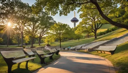 Knoxville cityscape, World's Fair Park, sunset hour, warm golden light, gentle slope of hill, lush green grass, vibrant blooming flowers, large oak trees providing shade, walking paths, benches, sceni