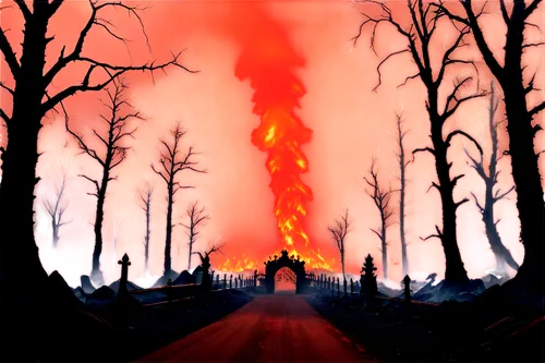 forest fire,burned land,door to hell,scorched earth,devilwood,forest fires,magmatic,fire land,burning earth,firestorms,deforested,infernal,firelands,wildfire,burning tree trunk,cataclysm,afterburning,hellgate,firedamp,purgatory,Illustration,Realistic Fantasy,Realistic Fantasy 24