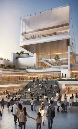 building, white metal cladding, glass balcony, apple store,  white box, silver theme, (sunset: 1,5), grand stair, plaza, less people, clear details, sunset 1.5,snohetta,bjarke,vinoly,futuristic art mu