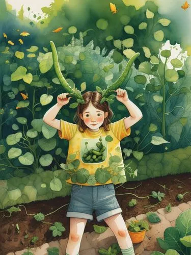 yotsuba,throwing leaves,forest clover,green summer,girl in the garden,girl picking flowers,Art,Artistic Painting,Artistic Painting 49