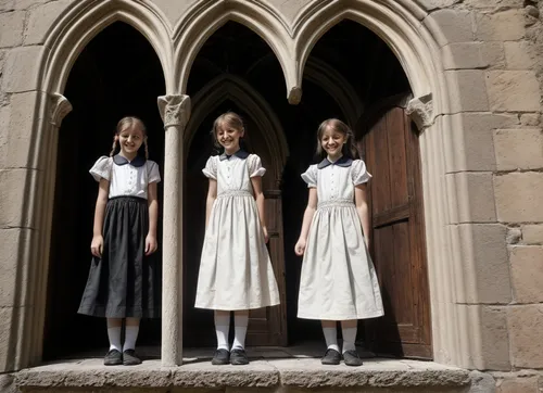 3 German girls under monastery windows.,communicants,choristers,canonesses,mennonites,schoolchildren,churchwardens,postulants,acolytes,helnwein,santons,nuns,choirgirl,countesses,first communion,model 