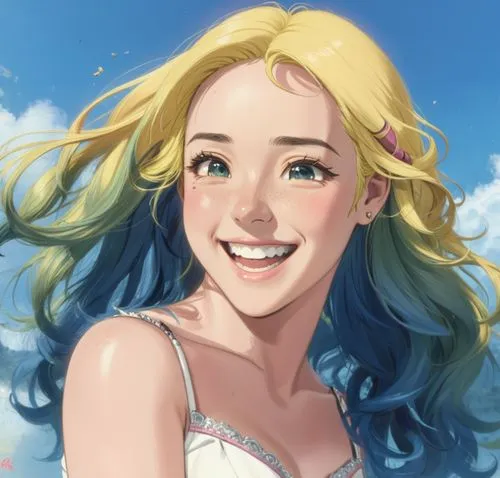 smiling, laughing , cute aj lee,an anime girl with blue and yellow hair smiling,michiru,reynir,cielo,cagli,lissa,summer crown,Anime,Anime,General