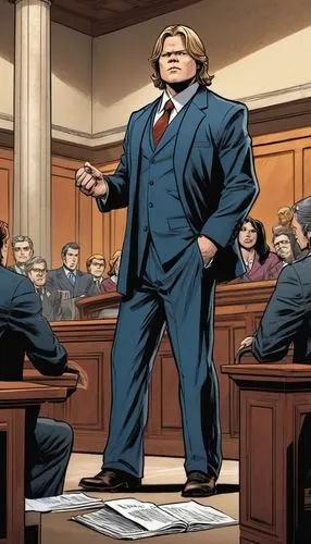 2D-Comic portrait of Elden Henson as a lawyer debating in a courthouse.,a cartoon scene of a courtroom with a man in a suit,superlawyer,courtroom,prosecutor,litigator,objection,attorney,Illustration,A