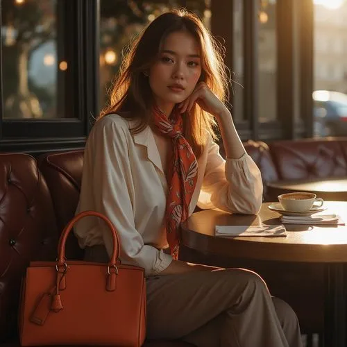 woman at cafe,warm colors,paris cafe,orange color,delvaux,vietnamese,Photography,General,Realistic