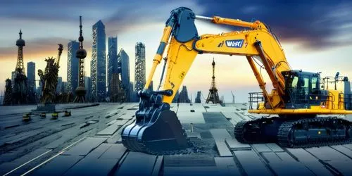 Excavator, dusk, sunset,way,yellow machines that are on the pavement in the evening,kobelco,excavators,two-way excavator,excavator,yellow machinery,construction machine