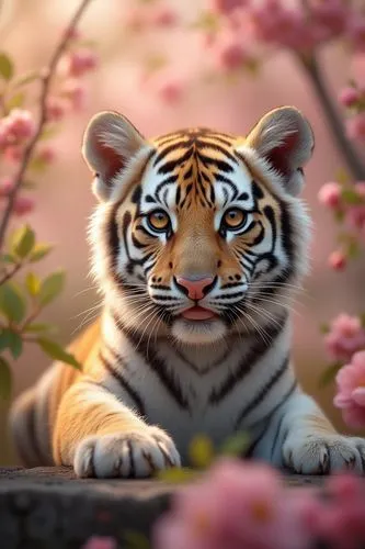 A majestic baby White Tiger with amber eyes, surrounded by a blooming apple tree. Soft, natural light illuminates the scene. The tiger's fur is detailed and realistic, with vibrant orange and black st