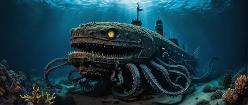 kraken,sea monsters,deep sea,under sea,god of the sea,cuthulu,undersea,the bottom of the sea,bottom of the sea,anglerfish,deep sea diving,water creature,sea god,sea devil,underwater world,under the sea,deep sea nautilus,sea animal,sea fantasy,deep sea fish,Illustration,American Style,American Style 14