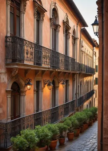 Italian Renaissance-style building, grandiose facade, ornate stone carvings, arched windows, balconies with intricate iron railings, red terracotta rooftiles, white marble columns, vintage street lamp