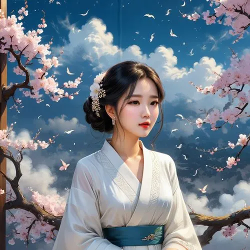 hanfu,hanbok,chuseok,geiko,maiko,japanese sakura background,plum blossoms,geisha girl,hansung,sakura background,plum blossom,goryeo,japanese woman,longmei,joseon,gisaeng,koreana,the plum flower,sakura,zhiyuan,Unique,Design,Character Design