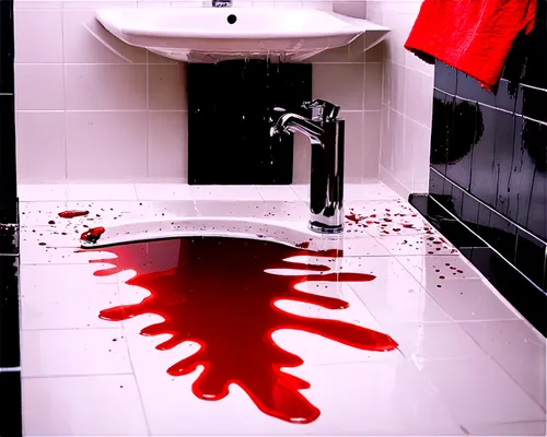 Bloodstained bathroom, horror scene, close-up, blood splatters on white tile floor, crimson liquid dripping from sink faucet, bloody handprint on mirror, shattered glass, dark shadows, dramatic lighti