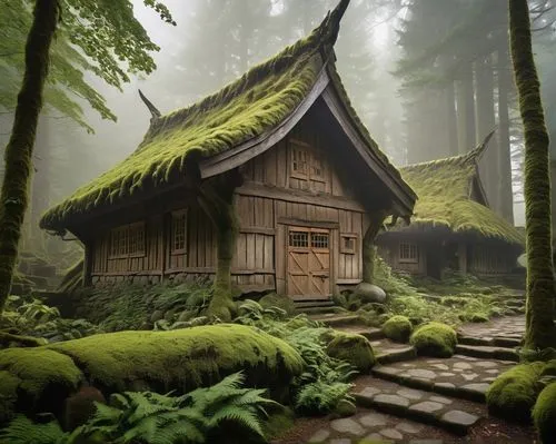 house in the forest,moss landscape,forest house,ancient house,log cabin,wooden house,fairy house,log home,miniature house,witch's house,wooden hut,greenhut,house in mountains,little house,fairy village,small cabin,small house,fairytale forest,grass roof,the cabin in the mountains,Conceptual Art,Daily,Daily 03