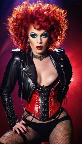 Drag queen, solo, (25yo), bold red hair, curly afro, bright red lips, dramatic eye makeup, rhinestones on cheekbones, shiny black leather jacket, corset, high heels, fishnet stockings, posing, confide