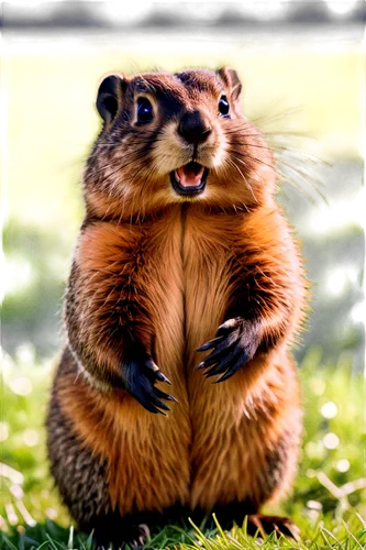 Woodchuck, solo, outdoor, furry, brown fur, cute face, whiskers, standing on hind legs, front paws together, green grass, sunny day, warm lighting, shallow depth of field, 3/4 composition, realistic t