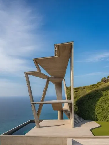 es una maquet a de un mirador, quiero que le coloques un paisaje de fondo y que el mirador sea de concreto 
,fresnaye,lifeguard tower,cantilevered,dunes house,corten steel,cube stilt houses,deckchair,