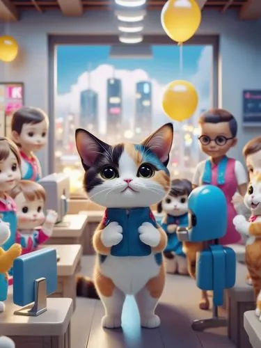 可愛的三花貓在公司被大加讚賞,a scene from animation movie the cats and kittens,cat's cafe,retro diner,pet shop,mascotech,cartoon cat,veterinarians,Photography,General,Realistic