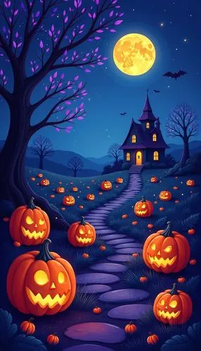 halloween wallpaper,
A cartoon-style game background, featuring a spooky pumpkin patch with glowing pumpkins and an old witch's house in the distance under a full moon at night. The design includes pu