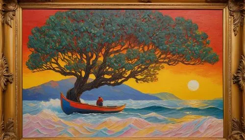 orange tree,tangerine tree,el mar,sailing orange,boat landscape,khokhloma painting,colorful tree of life,palma trees,painted tree,flourishing tree,fruit tree,kayak,landscape with sea,indigenous painting,sea landscape,the branches of the tree,oil on canvas,beach landscape,tropical tree,sea kayak,Conceptual Art,Daily,Daily 26