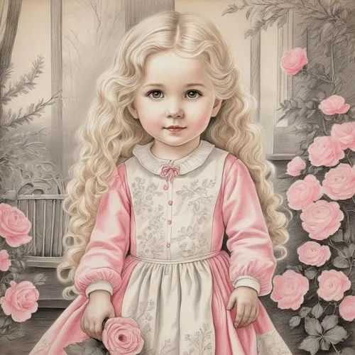 19th Century 1840 in the American Midwest frontier a  pretty 2 year old little girl with long Rapunzel length white blonde spiral curly hair is wearing long sleeved winter a pink  floral prairie dress