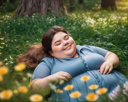 Snorlax, smiling, chubby face, rosy cheeks, bright shining eyes, messy brown hair, relaxed posture, lying on grass, soft sunlight, warm atmosphere, peaceful forest, tall trees, vibrant flowers, gentle