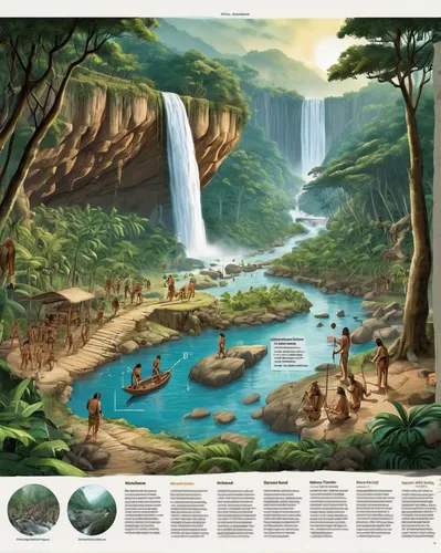 prehistoric setting, human evolution, ancestors, hominids, lush jungle, survival, tool-making, clan, exploration, foraging, hunting, gathering, climbing trees, stone tools, animal skins, fur, natural 