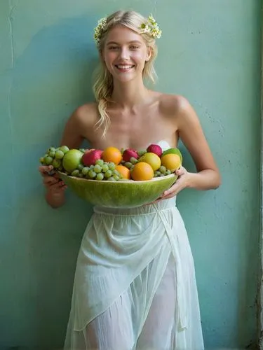 And so the light blonde young lady approached me like a goddess of love, smiling brightly and young and carrying the most amazing filled fruit bowl I have ever seen.,a woman standing holding a bowl fu