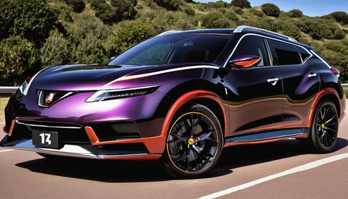 a black nissan x trail 4x4 with purple paint work with flaming red and orange window tints golden alloy 6 spoke wheels sports bonnet 6 exchausts pipes in chrome paint job,nissan juke,nissan rogue,lanc