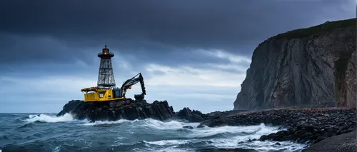 blackstone isle, dredging, excavator in action, rocky terrain, dark cliffs, ocean waves, seagulls flying, cloudy sky, dramatic lighting, wide-angle shot, industrial machinery, steel cables, rugged lan