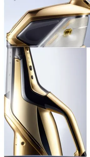 A handheld garment steamer, marketed in Europe and the United States, with a novel appearance, partially decorated with electroplated parts, and rich styling layers,a gold colored device with glass in