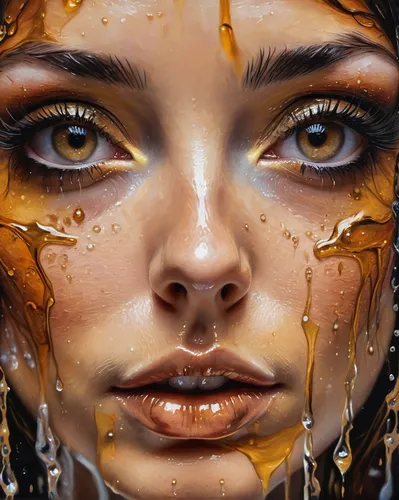 tears bronze,gold paint stroke,gold paint strokes,painted lady,gold leaf,surface tension,dripping,golden rain,golden eyes,wet girl,oil painting on canvas,water splashes,angel's tears,gold foil art,bodypainting,skin texture,fluid,world digital painting,drenched,teardrops,Illustration,Realistic Fantasy,Realistic Fantasy 10