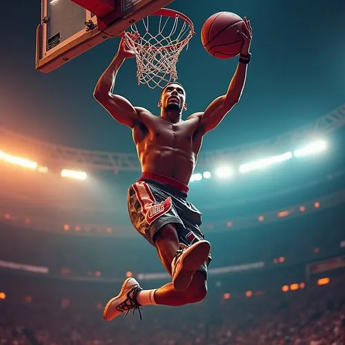 In this captivating image, a powerful basketball player with powerful muscles and a bold red and white belt executing a powerful slam dunk deftly takes a step forward, poised to execute a powerful lea